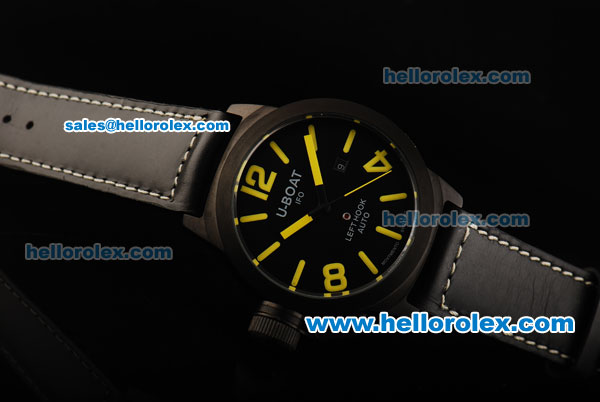 U-Boat Italo Fontana Left Hook Automatic Movement PVD Case with Black Dial and Yellow Markers - Black Leather Strap - Click Image to Close